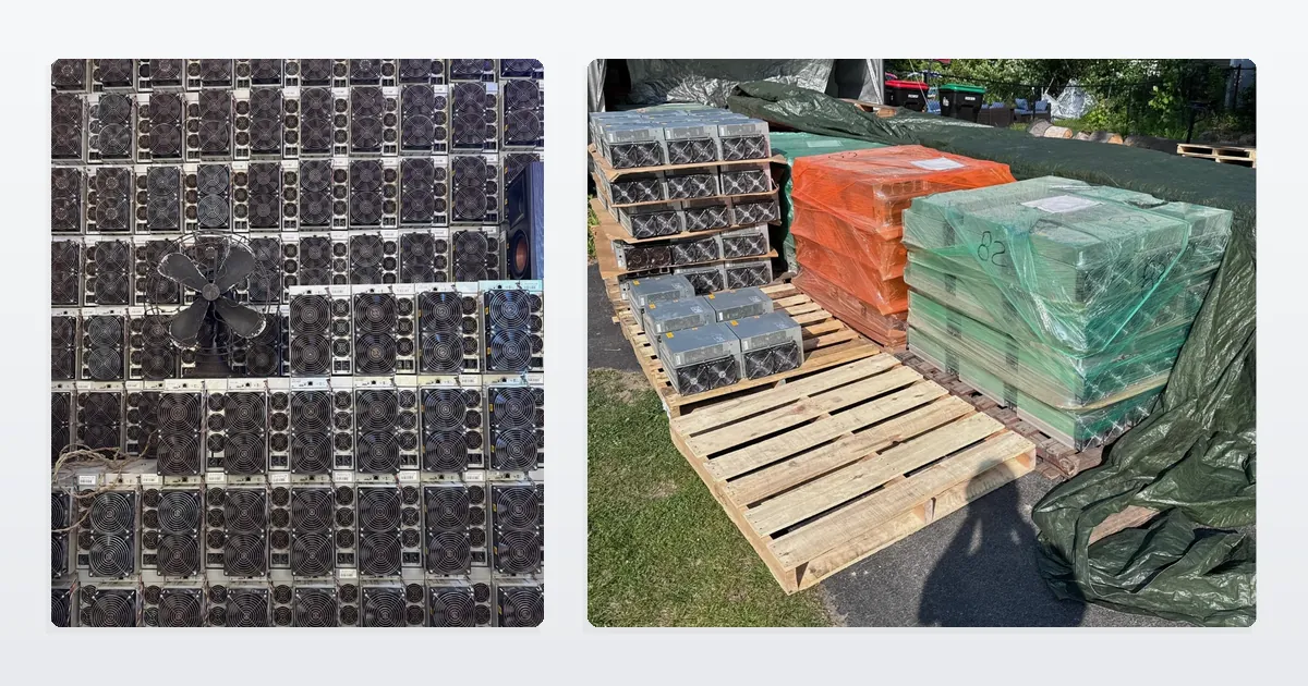 Two photographs from ING Mining's own yard: a wall of used Antminer S19 units stacked fan-grille outwards with a floor fan running in front of them, and pallets of the same machines outside, shrink-wrapped in orange and green and banded ready to ship.