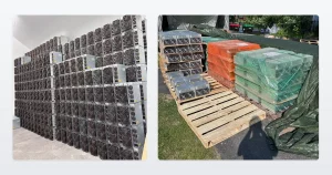 Used Antminer S19 units stacked from floor to head height along a warehouse wall, and the same machines palletised outside, shrink-wrapped in orange and green and banded for freight.
