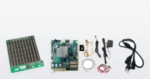 A used Antminer S19 Pro hashboard with its row of chip heatsinks, a Bitmain Antminer E9 hashboard test fixture main board with its accessory kit, and an Antminer APW9/APW12 PSU power cable.
