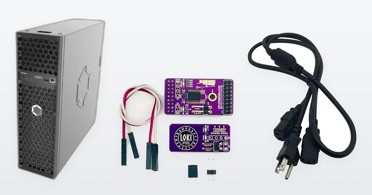 A Canaan Avalon Q 90T home Bitcoin miner, a Loki 240V-to-110V converter kit for Antminer S19 and S21 and an Antminer PSU power cable.