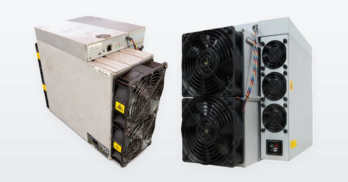 A used Bitmain Antminer S19k Pro 120TH Bitcoin miner and a Bitmain Antminer KS5 Pro 21TH/s Kaspa miner.