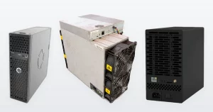 A Canaan Avalon Q 90T home Bitcoin miner, a used Bitmain Antminer S19k Pro 120TH Bitcoin miner and an IceRiver KS7 Lite Kaspa miner.