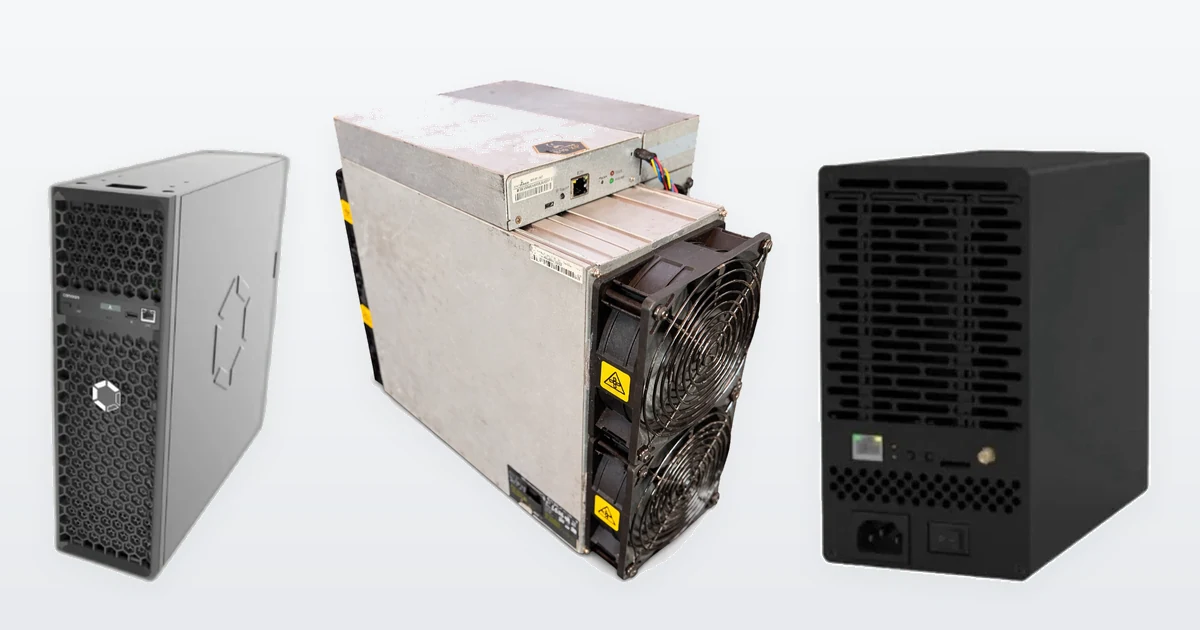 A Canaan Avalon Q 90T home Bitcoin miner, a used Bitmain Antminer S19k Pro 120TH Bitcoin miner and an IceRiver KS7 Lite Kaspa miner.