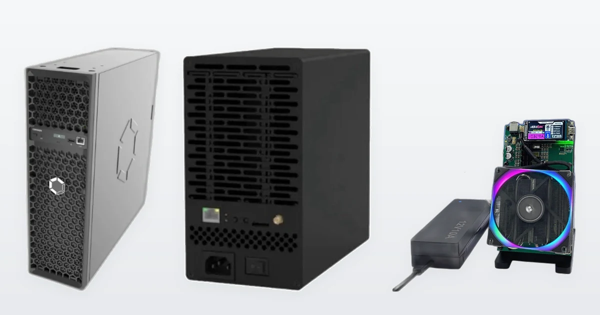 A Canaan Avalon Q 90T home Bitcoin miner, an IceRiver KS7 Lite Kaspa miner and a Bitaxe NerdQaxe++ solo Bitcoin miner.