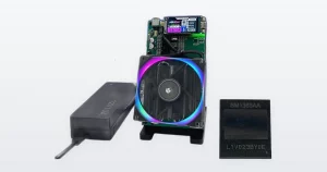 A Bitaxe NerdQaxe++ solo Bitcoin miner and a Bitmain BM1368AA mining ASIC chip.
