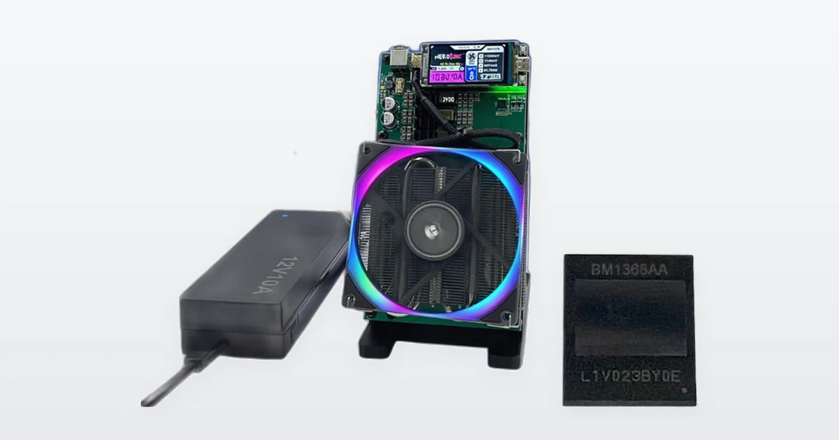 A Bitaxe NerdQaxe++ solo Bitcoin miner and a Bitmain BM1368AA mining ASIC chip.