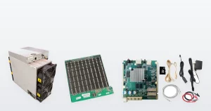 A used Bitmain Antminer S19k Pro 120TH Bitcoin miner, a used Antminer S19 Pro hashboard, and a Bitmain Antminer E9 hashboard test fixture main board with its leads and adapter.