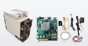 A used Bitmain Antminer S19k Pro 120TH Bitcoin miner from ING Mining's own stock, beside a Bitmain Antminer E9 hashboard test fixture main board and the accessory kit that ships with it.
