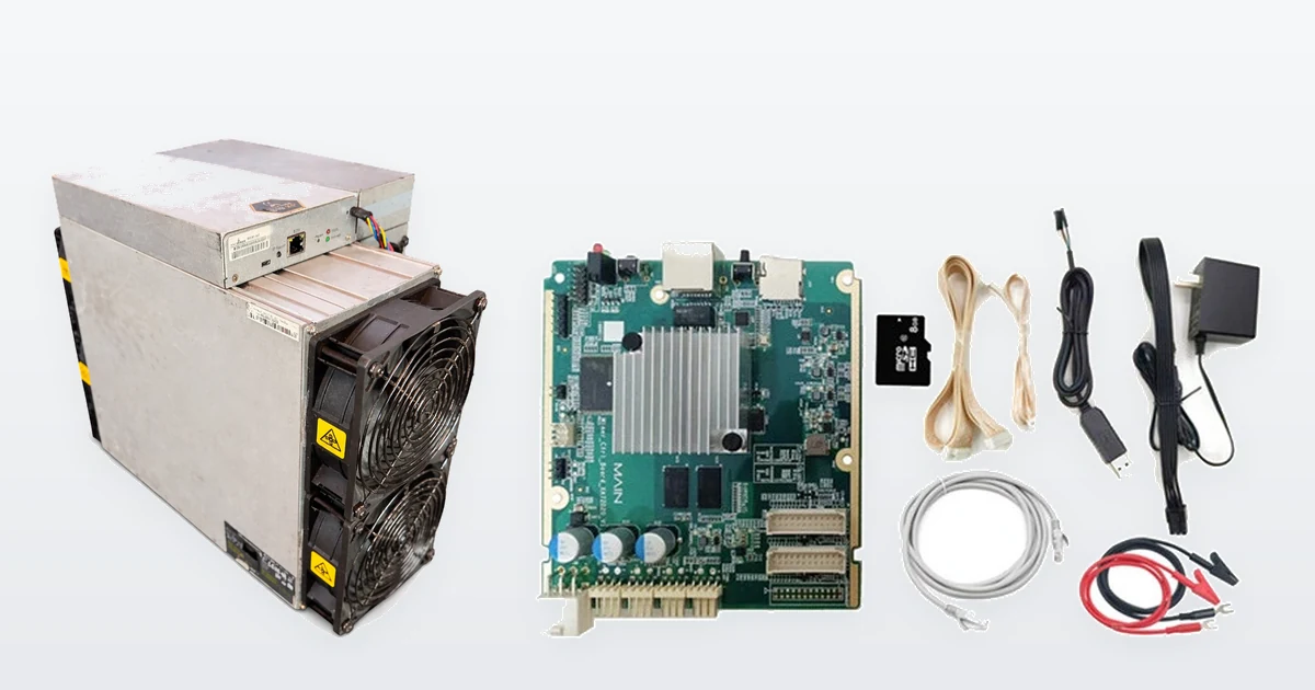 A used Bitmain Antminer S19k Pro 120TH Bitcoin miner from ING Mining's own stock, beside a Bitmain Antminer E9 hashboard test fixture main board and the accessory kit that ships with it.