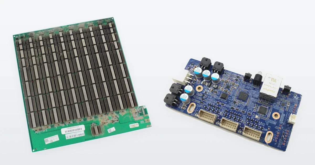 An Antminer S19 Pro hashboard and an Avalon 1166 Pro control board.
